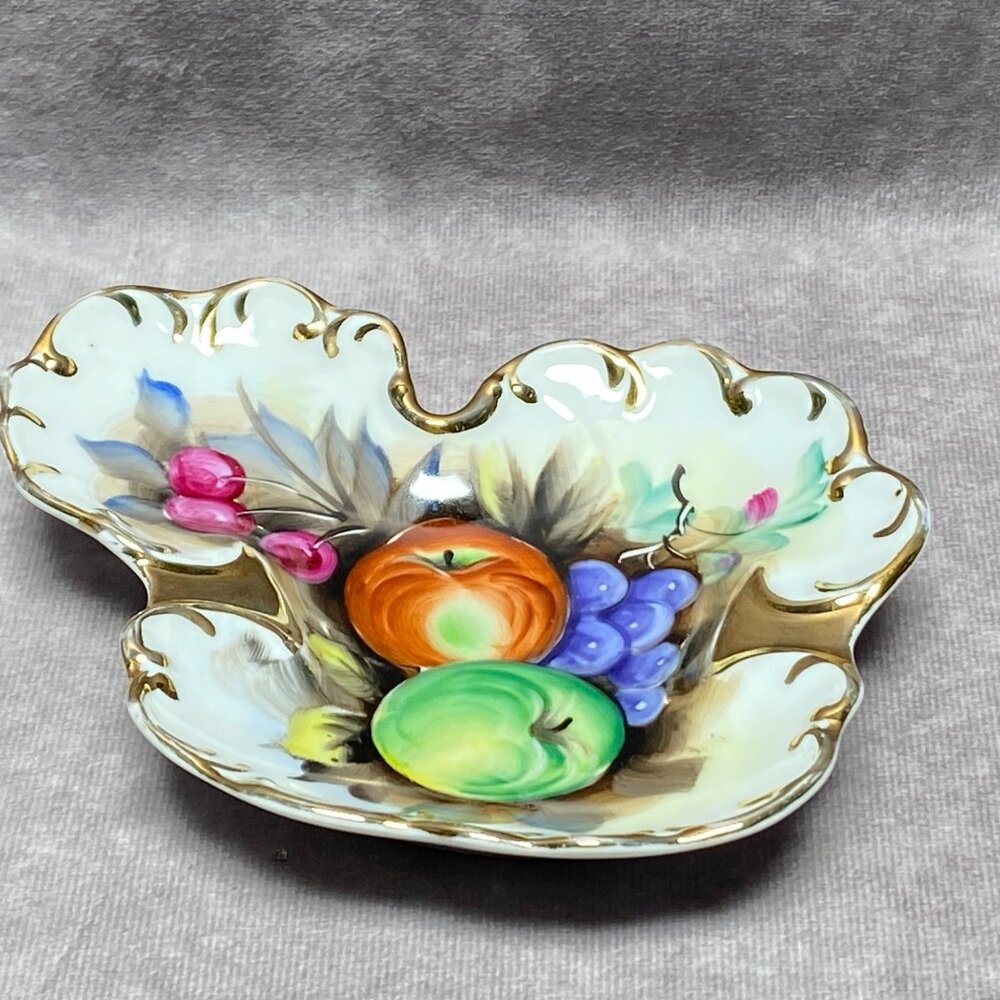 Vintage Japan Hand-Painted Ceramic Leaf-Shaped Dish With Fruit Motif Trinket
